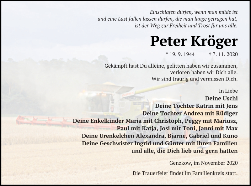  Traueranzeige für Peter Kröger vom 14.11.2020 aus Neubrandenburger Zeitung