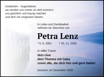 Traueranzeige von Petra Lenz von Demminer Zeitung