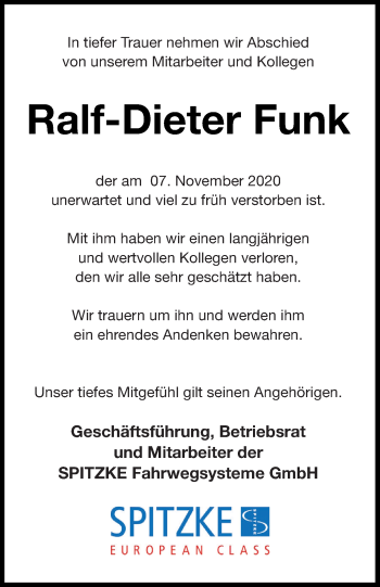 Traueranzeige von Ralf-Dieter Funk von Müritz-Zeitung