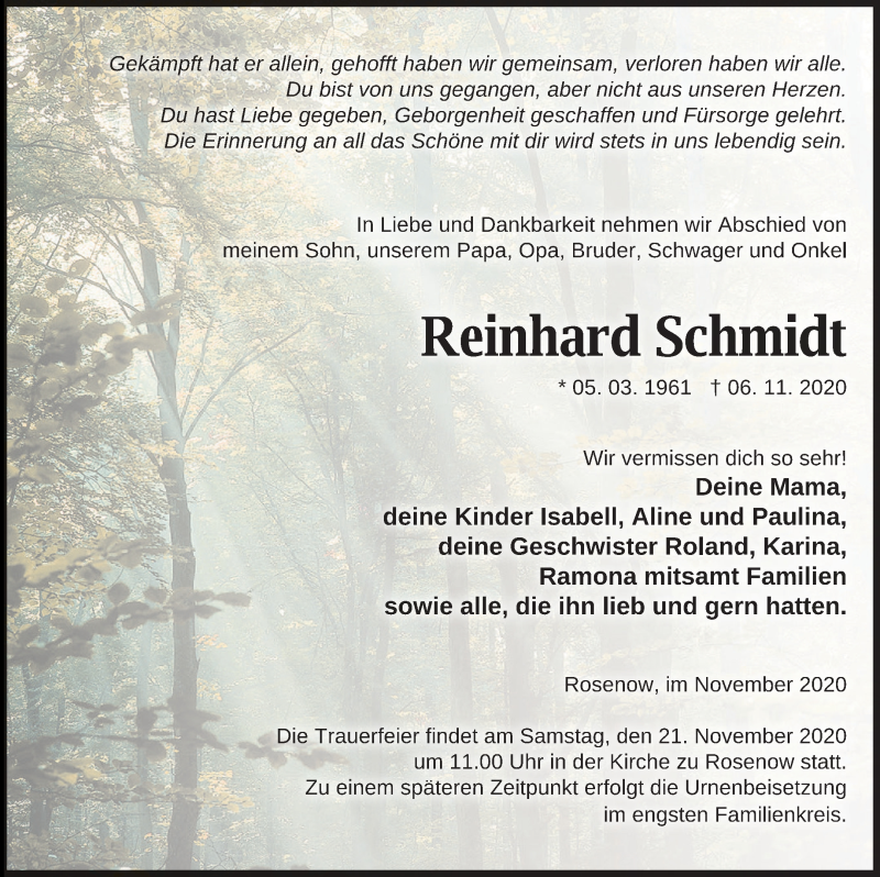  Traueranzeige für Reinhard Schmidt vom 14.11.2020 aus Neubrandenburger Zeitung