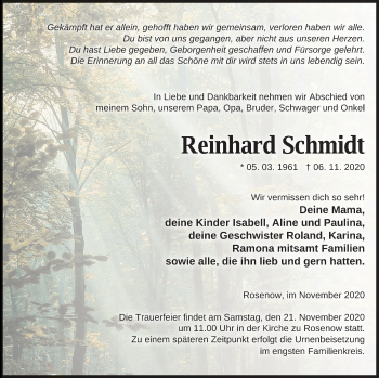 Traueranzeige von Reinhard Schmidt von Neubrandenburger Zeitung