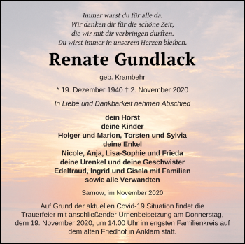 Traueranzeige von Renate Gundlack von Vorpommern Kurier