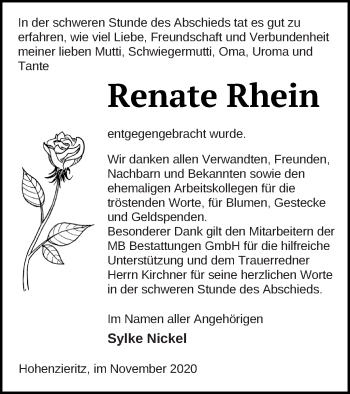 Traueranzeige von Renate Rhein von Haff-Zeitung