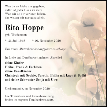 Traueranzeige von Rita Hoppe von Haff-Zeitung