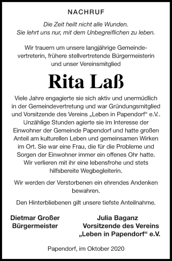 Traueranzeige von Rita Laß von Pasewalker Zeitung