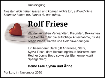 Traueranzeige von Rolf Friese von Pasewalker Zeitung