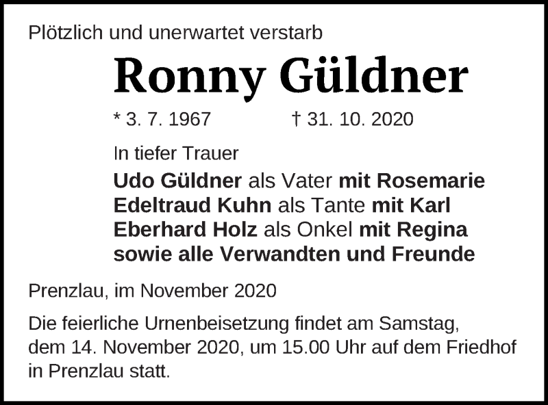  Traueranzeige für Ronny Güldner vom 07.11.2020 aus Prenzlauer Zeitung