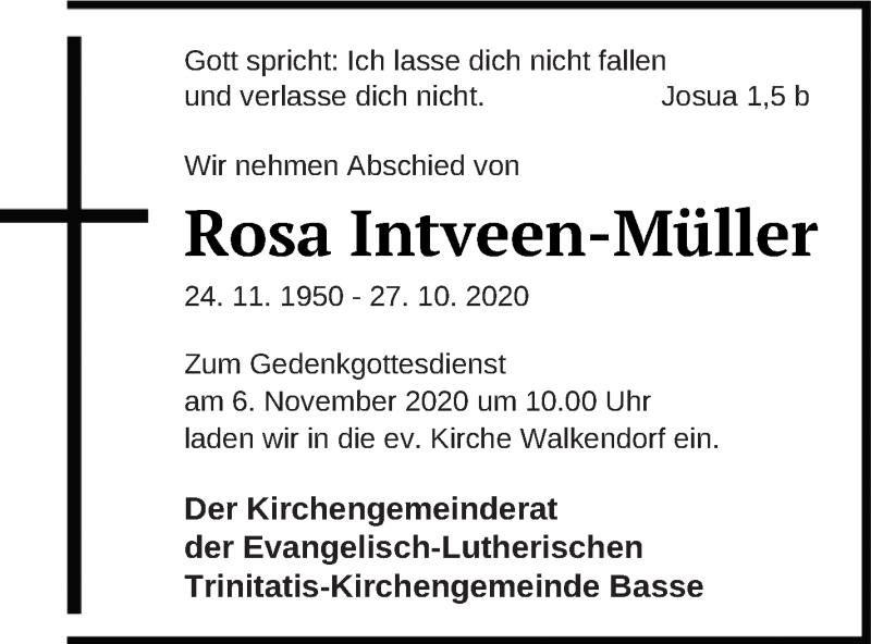  Traueranzeige für Rosa Intveen-Müller vom 05.11.2020 aus Mecklenburger Schweiz