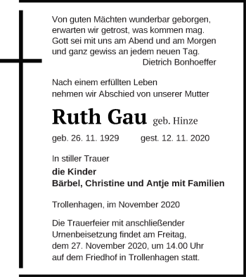 Traueranzeige von Ruth Gau von Neubrandenburger Zeitung