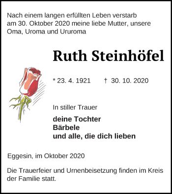 Traueranzeige von Ruth Steinhöfel von Haff-Zeitung