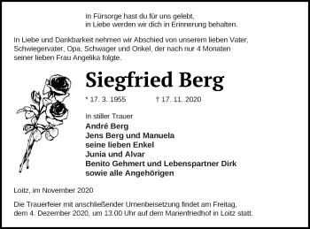 Traueranzeige von Siegfried Berg von Vorpommern Kurier