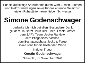 Traueranzeige von Simone Godenschwager von Prenzlauer Zeitung