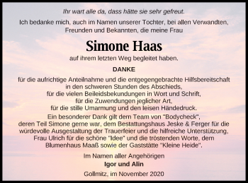 Traueranzeige von Simone Haas von Prenzlauer Zeitung