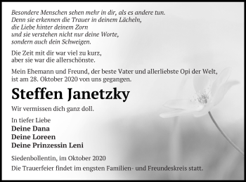 Traueranzeige von Steffen Janetzky von Neubrandenburger Zeitung