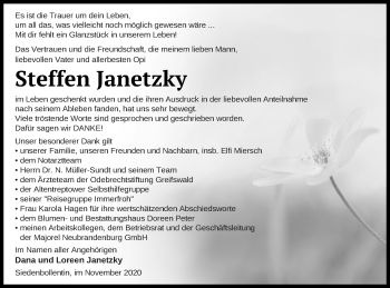 Traueranzeige von Steffen Janetzky von Neubrandenburger Zeitung