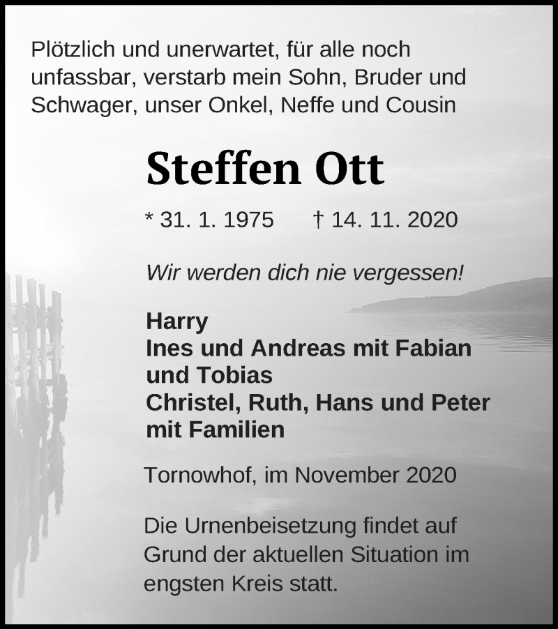  Traueranzeige für Steffen Ott vom 19.11.2020 aus Strelitzer Zeitung