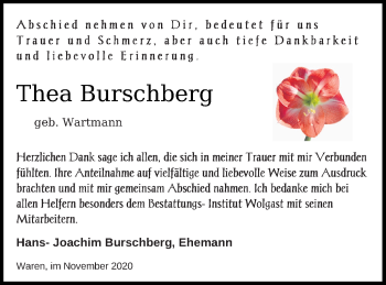 Traueranzeige von Thea Burschberg von Müritz-Zeitung