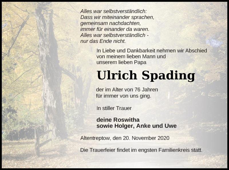  Traueranzeige für Ulrich Spading vom 24.11.2020 aus Neubrandenburger Zeitung