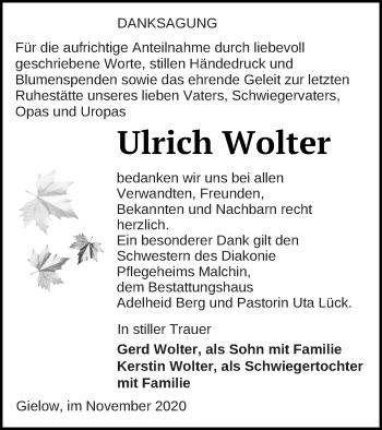 Traueranzeige von Ulrich Wolter von Mecklenburger Schweiz