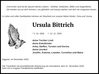 Traueranzeige von Ursula Bittrich von Haff-Zeitung