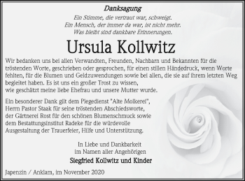 Traueranzeige von Ursula Kollwitz von Vorpommern Kurier