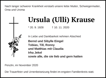 Traueranzeige von Ursula Krause von Müritz-Zeitung