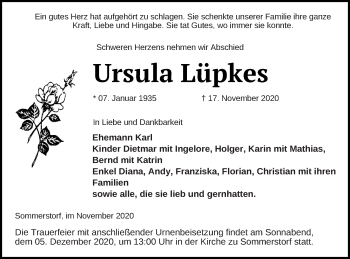 Traueranzeige von Ursula Lüpkes von Müritz-Zeitung