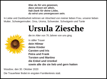 Traueranzeige von Ursula Ziesche von Mecklenburger Schweiz