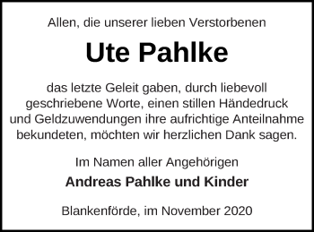 Traueranzeige von Ute Pahlke von Strelitzer Zeitung