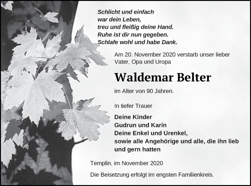  Traueranzeige für Waldemar Belter vom 24.11.2020 aus Templiner Zeitung