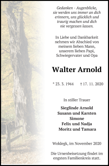 Traueranzeige von Walter Arnold von Strelitzer Zeitung