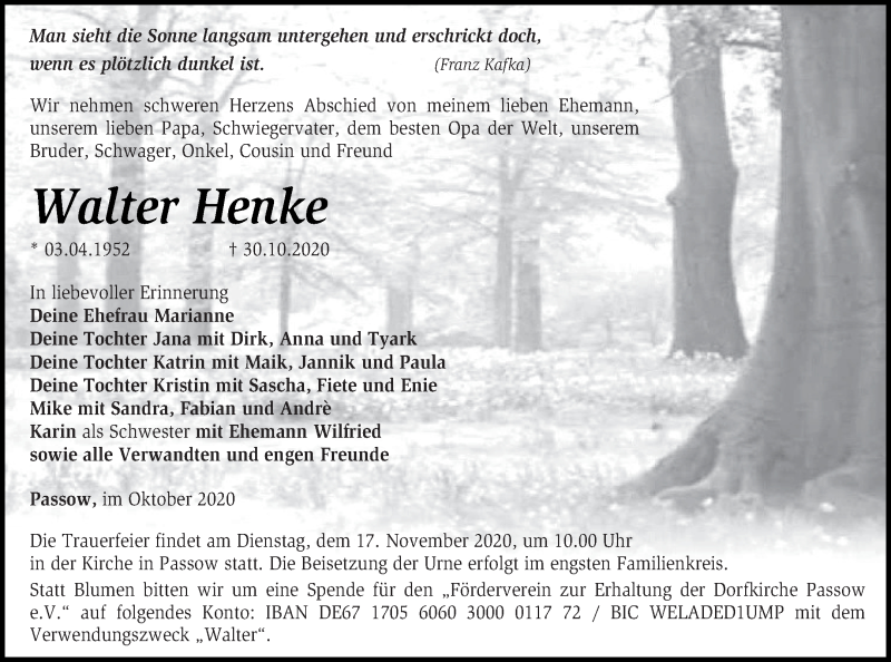  Traueranzeige für Walter Henke vom 07.11.2020 aus Prenzlauer Zeitung