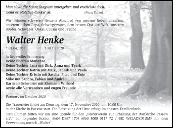 Traueranzeige von Walter Henke von Prenzlauer Zeitung