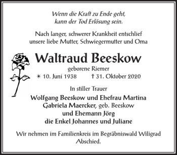 Traueranzeige von Waltraud Beeskow von Zeitung für die Landeshauptstadt