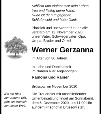 Traueranzeige von Werner Gerzanna von Prenzlauer Zeitung