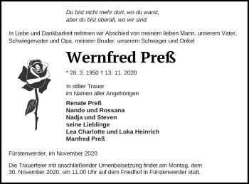 Traueranzeige von Wernfred Preß von Prenzlauer Zeitung