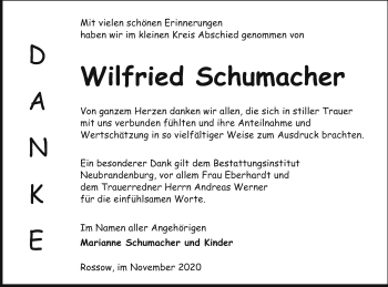 Traueranzeige von Wilfried Schumacher von Demminer Zeitung