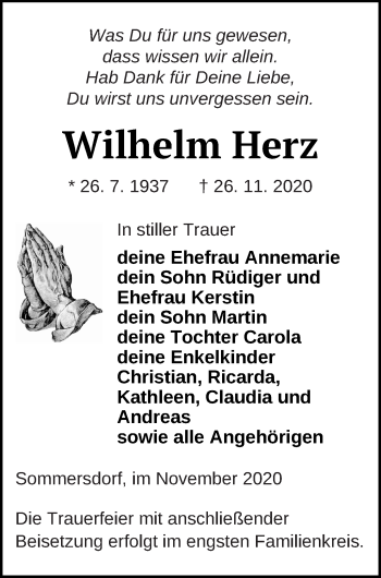 Traueranzeige von Wilhelm Herz von Demminer Zeitung