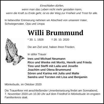 Traueranzeige von Willi Brummund von Haff-Zeitung