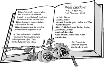 Traueranzeige von Willi Lindow von Zeitung für die Landeshauptstadt