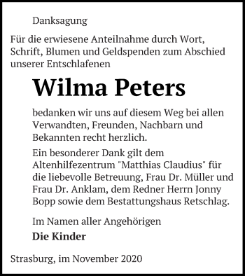 Traueranzeige von Wilma Peters von Pasewalker Zeitung