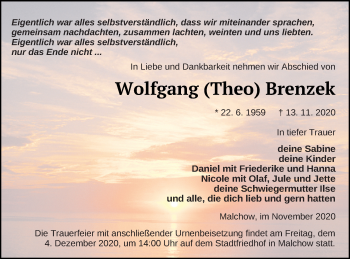 Traueranzeige von Wolfgang Brenzek von Müritz-Zeitung