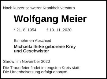 Traueranzeige von Wolfgang Meier von Demminer Zeitung