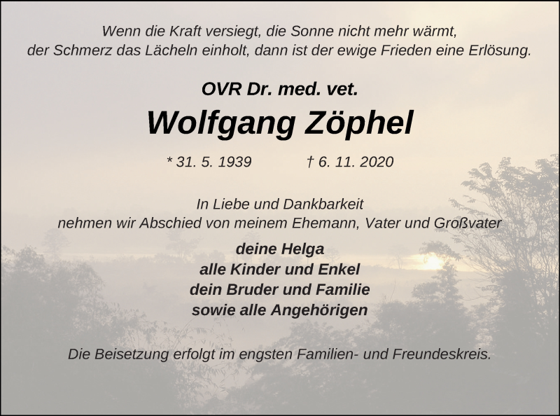  Traueranzeige für Wolfgang Zöphel vom 10.11.2020 aus Templiner Zeitung