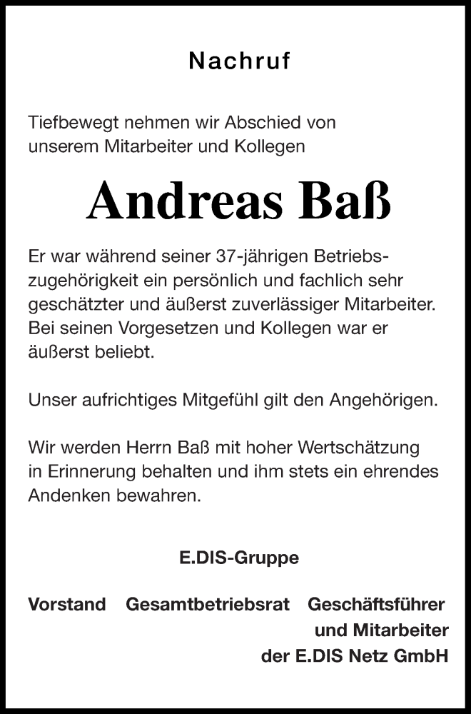  Traueranzeige für Andreas Baß vom 12.12.2020 aus Mecklenburger Schweiz