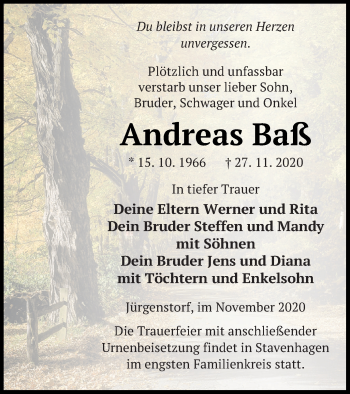 Traueranzeige von Andreas Baß von Mecklenburger Schweiz