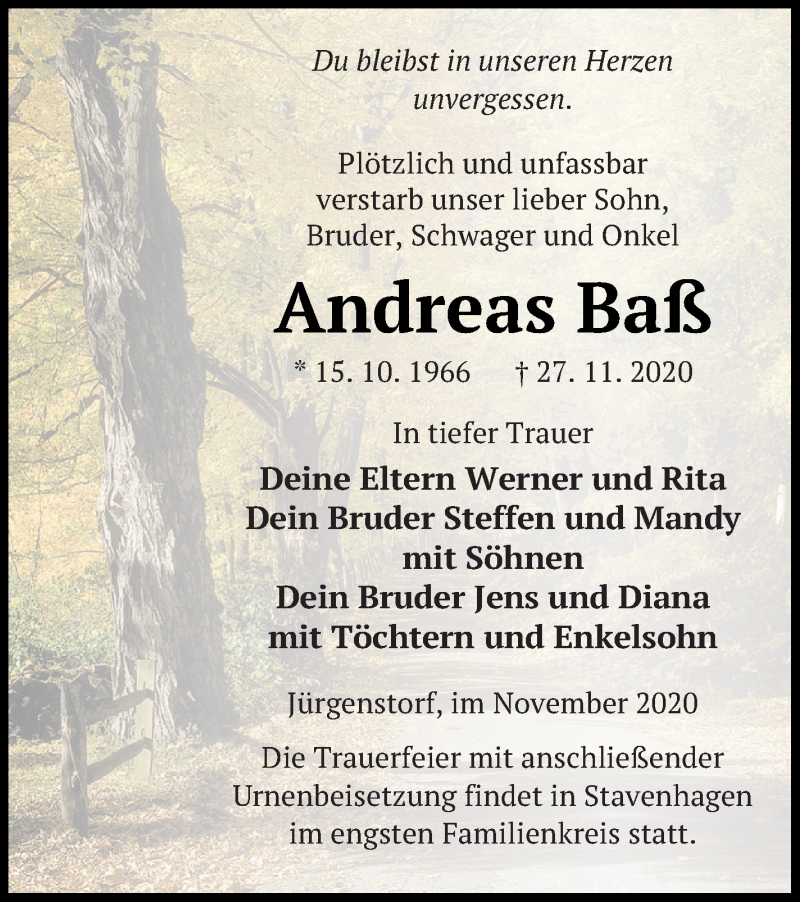  Traueranzeige für Andreas Baß vom 08.12.2020 aus Mecklenburger Schweiz