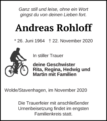 Traueranzeige von Andreas Rohloff von Neubrandenburger Zeitung