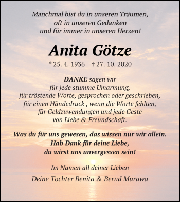 Traueranzeige von Anita Götze von Neubrandenburger Zeitung