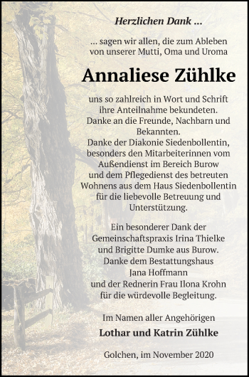 Traueranzeige von Annaliese Zühlke von Neubrandenburger Zeitung